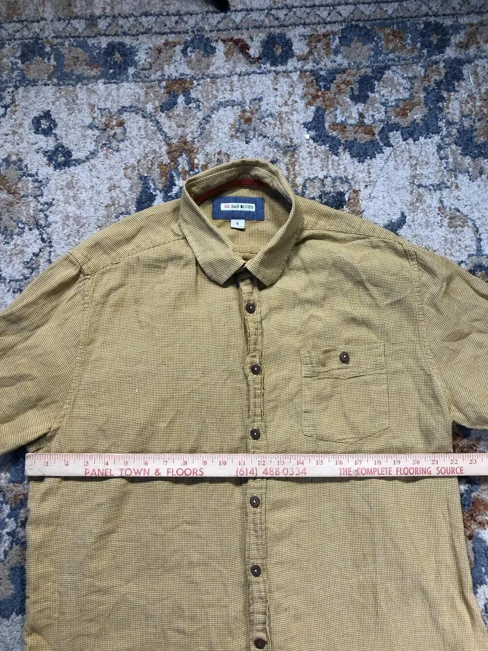 32 Bar Blues Shirt Mens XL Yellow Check Short Sleeve Button Up Casual Cotton